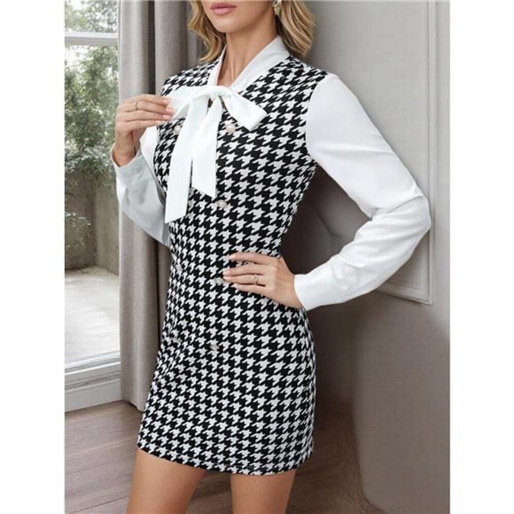 Houndstooth Print Tie Neck Long Sleeve Mini Dress